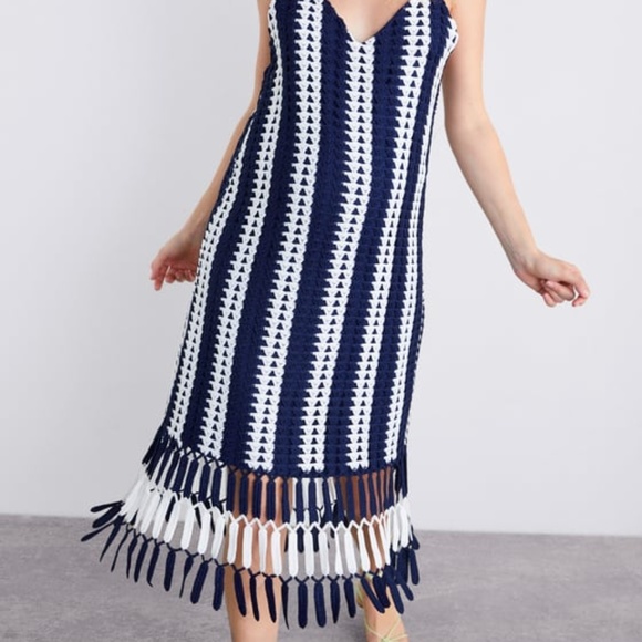 Zara Dresses Zara Knit Crochet White Blue Striped Midi Dress Poshmark